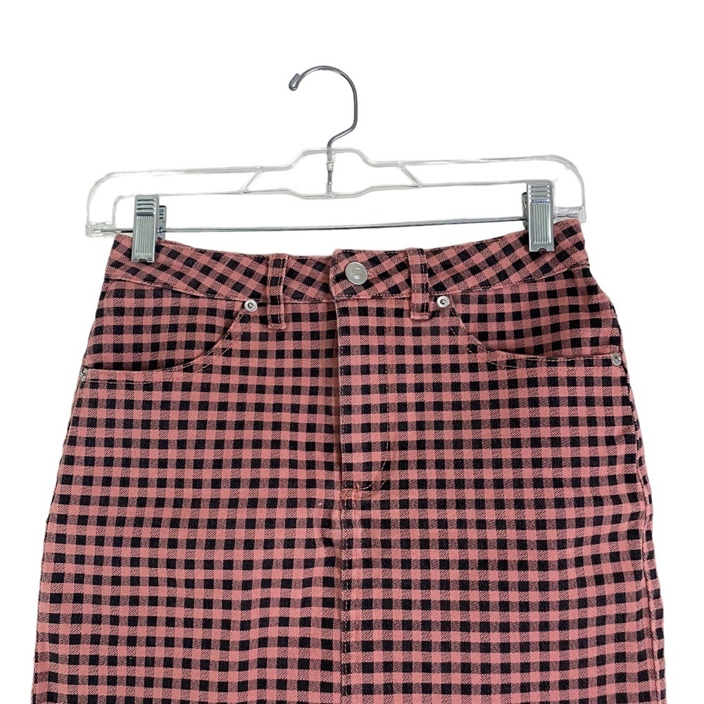 Forever 21 Pink & Black Checkered Mini Skirt S Y2K 2016 Vibe Plaid Raw Hem Denim - Picture 5 of 11